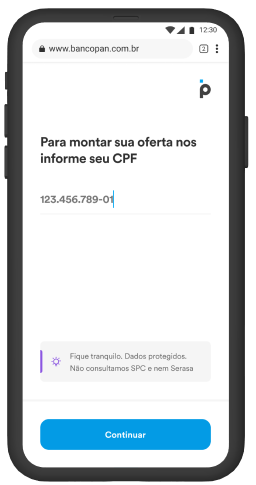 Exibe exemplo de campo digitável de documento CPF para iniciar a oferta de crédito